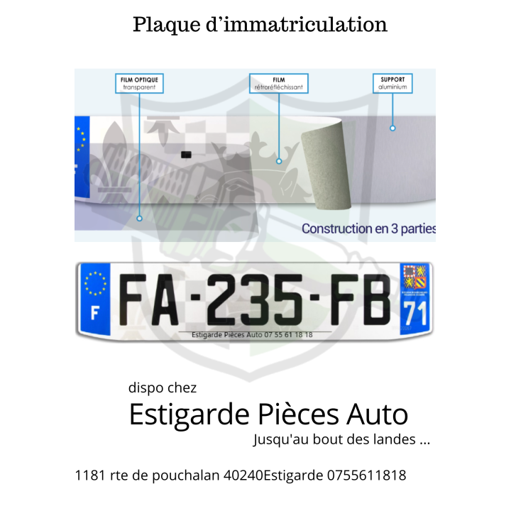 Plaque immatriculation alu plastifiée personnalisable